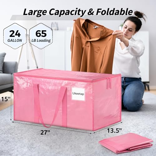 Ukeetap 8 Pack Extra Large Pink Clothes Storage Bins with Lids – 24 Gallon Moving & Organization Containers