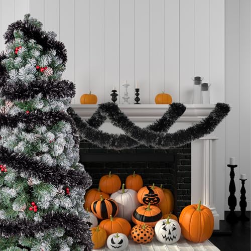 Gloreyan 33ft Black Christmas Tinsel Garland - Foil Glitter Decor for Holiday Tree, Halloween, Weddings
