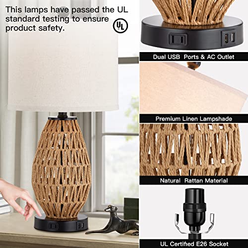 CINSARY Rattan Touch Control Bedside Table Lamps Set of 2 with USB & AC Outlet, Dimmable Nightstand Lamps for Bedroom & Living Room — Natural Wicker Finish
