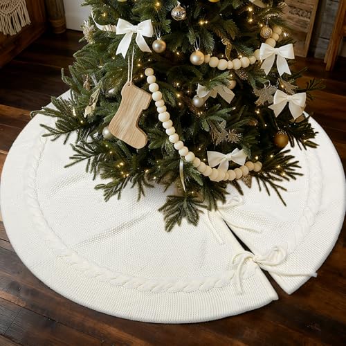 Yuboo Cream Cable Knit Christmas Tree Skirt 36 Inch Boho Farmhouse Decor