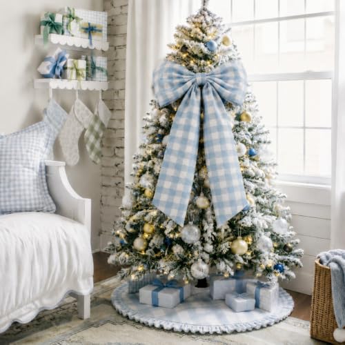 Canlierr Blue 26x39 Inch Christmas Gingham Bow Tree Topper - Large Holiday Decor