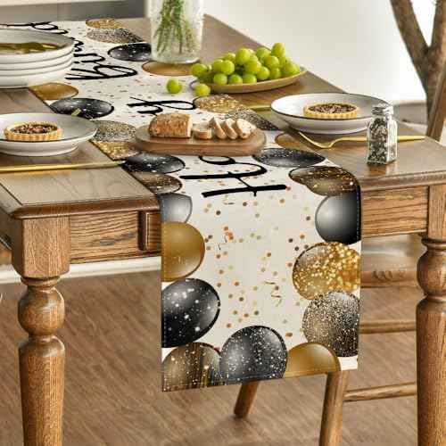 Artoid Mode Beige and Golden Balloon Happy Birthday Table Runner, Seasonal Kitchen Dining Table Decoration for Home Party Decor 13x72 Inch