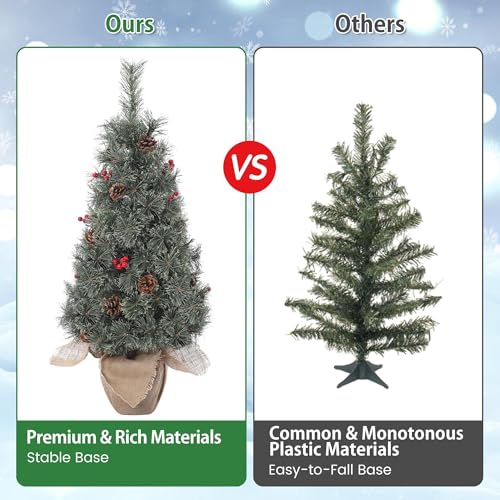GarveeHome 3ft Green Pre-Lit Christmas Tree with Snow-Tipped Branches & Berries - Compact Holiday Decor