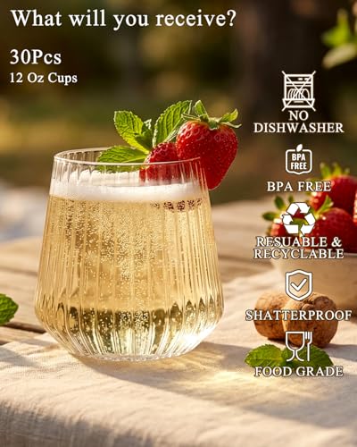 Ciaell 30 Pack Clear Plastic Stemless Wine Glasses for Weddings & Outdoor Events