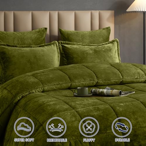 Double Velvet Comforter Set - King Olive Green 5-Pc Winter Bedding