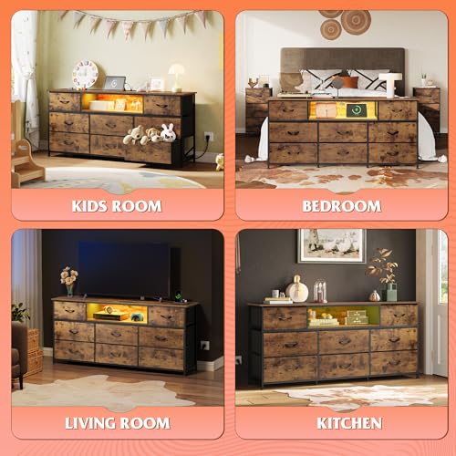 WLIVE Rustic Brown LED TV Dresser with 8 Drawers for 65 Inch TV, Storage & Lighting