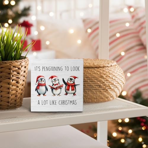 Penguin Christmas Wood Box Sign, 5x5 Inch Desk & Wall Decor