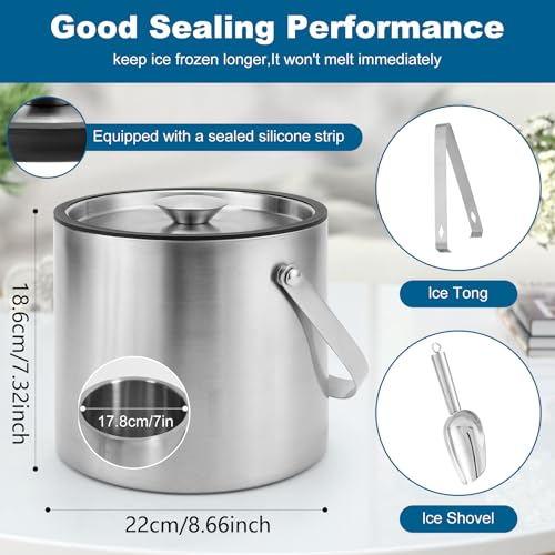 Berverra 5L Stainless Steel Insulated Ice Bucket with Lid, Scoop & Tongs for Parties & Outdoor Use