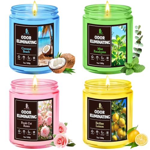 Lemon/Mint Eucalyptus/Coconut/Roses Soy Candle Set - 28oz Odor Eliminating Fragrance