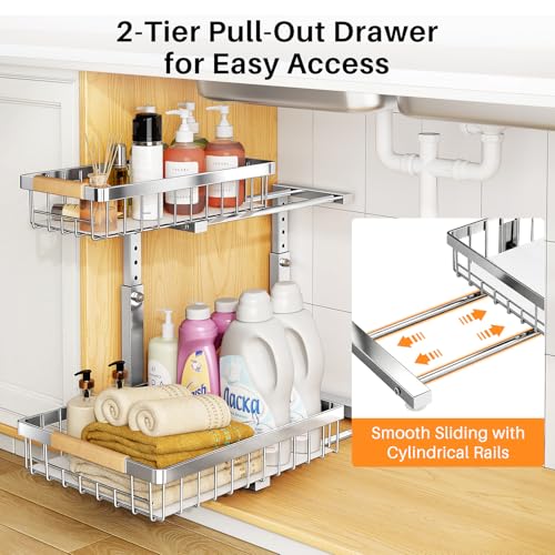 PXRACK Large Silver Under Sink Organizer 2-Tier Adjustable Pull-Out Cabinet Storage