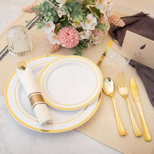 N9R White and Gold Disposable Plastic Plates Set for 50 Guests - Heavy Duty, BPA-Free