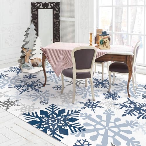 Livcoz Blue Snowflake Washable Area Rug 5x7 Ft - Winter Home Decor, Non-Slip