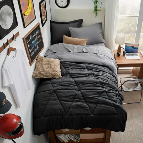 BEDELITE Reversible Black/Dark Grey Twin XL Comforter Set 5 Pieces Bed in a Bag