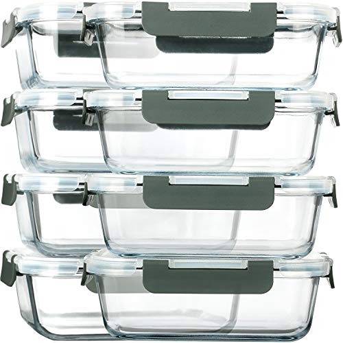 M MCIRCO 8 Pack 30 oz Glass Food Storage Containers with Gray Lids, Airtight & Leakproof