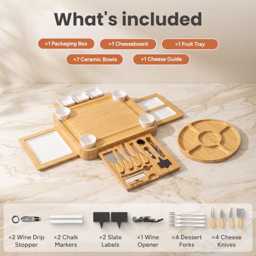 SMIRLY Bamboo Charcuterie Board Set with 4 Drawers and Serving Accessories
