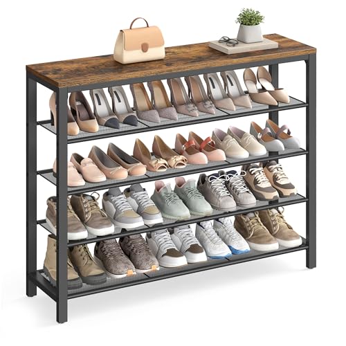 VASAGLE 5-Tier Shoe Rack Rustic Brown Mesh Shelves 16-20 Pairs, 11.8D x 39.4W
