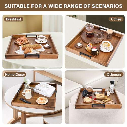 Joy&Grace Large Natural Acacia Wood Ottoman Tray with Metal Handles 22x22 inches