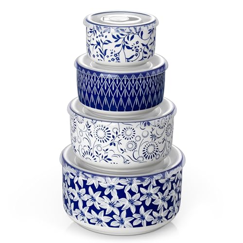 Ceramic Nesting Bowls Set with Lids - 4 Sizes, Food Storage & Prep, Microwave & Dishwasher Safe - Series SELENE 60+36+20+10 Oz