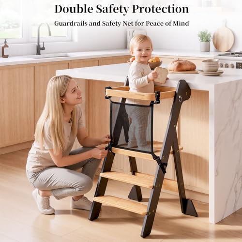 COSYLAND Foldable Toddler Kitchen Stool Adjustable Height with Safety Net & Feet - Wooden & Black, For Kids 18M-6Y