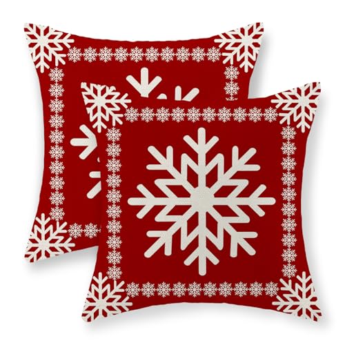 Christmas Pillow Covers - 20x20 Set of 2 Winter Snowflake Pillowcases - Red Throw Pillows - Farmhouse Holiday Linen Decorations - Outdoor Cushion Covers for Sofa Couch Home