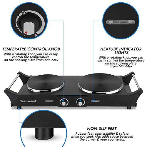 Portable Double Burner Hot Plate 1800W - Adjustable Temp, Stay Cool Handles, Black