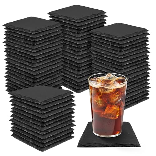 68-Piece Square Slate Coaster Set - 4 Inch Black Stone Coasters, Modern Home & Bar Decor