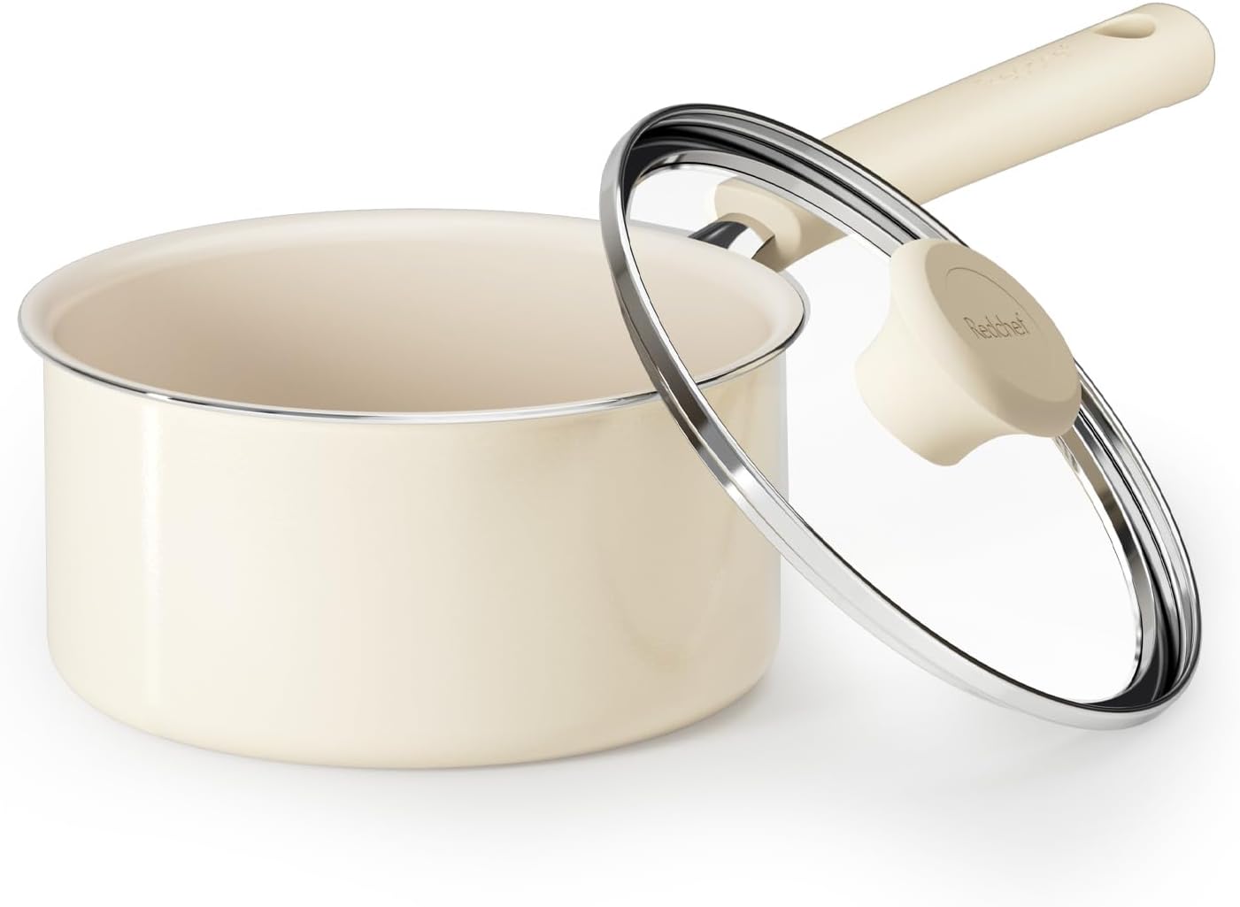 Redchef Ceramic Nonstick Saucepan - 1.5QT Small Cooking Pot with Lid | PFAS-Free, Cool Handle, White