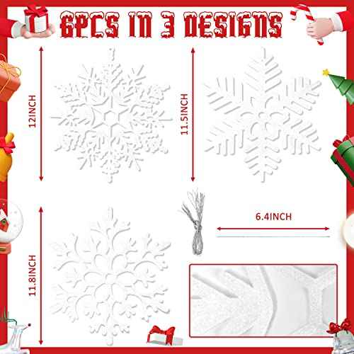 EIMMBD 6pcs Large Snowflakes Ornaments, 12¡± Plastic Glitter Snowflake Decorations for Indoor Outdoor Christmas Trees Window Room Winter Party Craft (White)