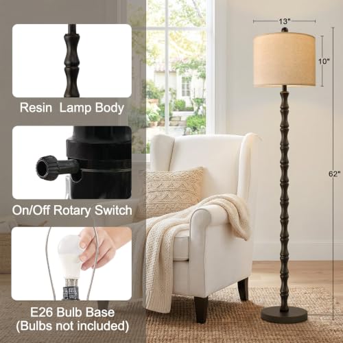 Dark Brown Farmhouse Floor Lamp with Linen Shade - 62 Inch Standing Light for Living Room & Bedroom - Rustic Corner Decor