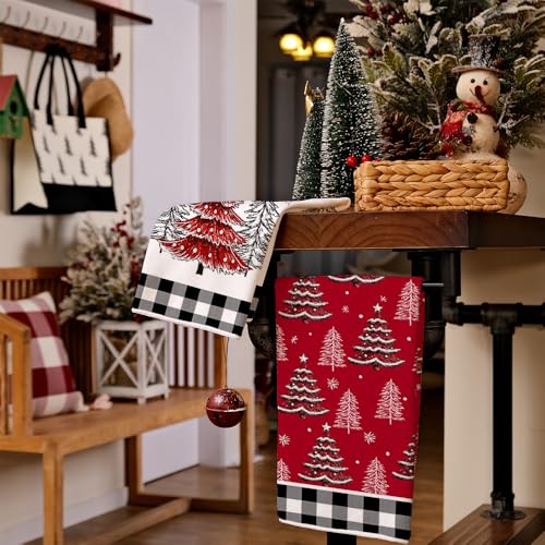 Arkney Christmas Kitchen Towels Set of 2 - 18x26in Red Tree Snow Towels