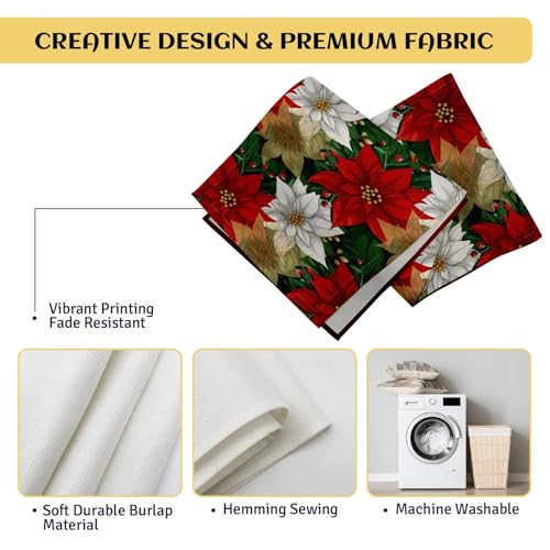 PROCIDA 13x90 Inch Poinsettia Christmas Table Runner - Burlap Red/Green Holiday Decor