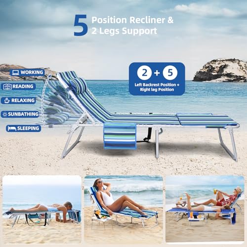 Yestomo 3-in-1 Outdoor Beach Lounge Chair with Face Holes & Side Table, Recliner, Flat Lay, Blue