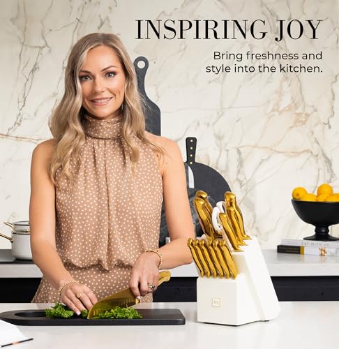 Gold Knife Set with Block & Sharpener - 14-Piece Kitchen Cutlery Collection