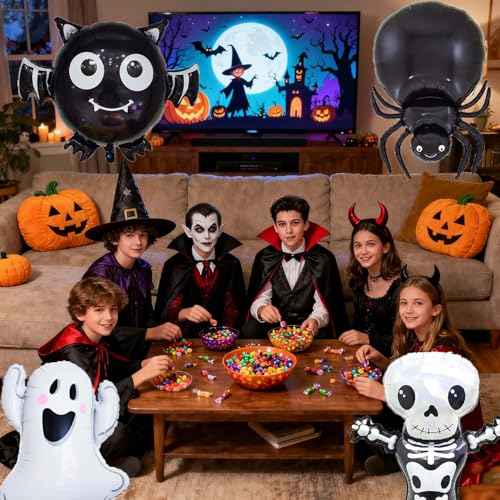 Skeletons Balloon Halloween Foil Balloons Bat Spider Ghost Balloon for Halloween Themed Party Decoration Supplies Ghost Birthday Decoration Decor Ballons Arch Kits Party Balloons Set 4pcs