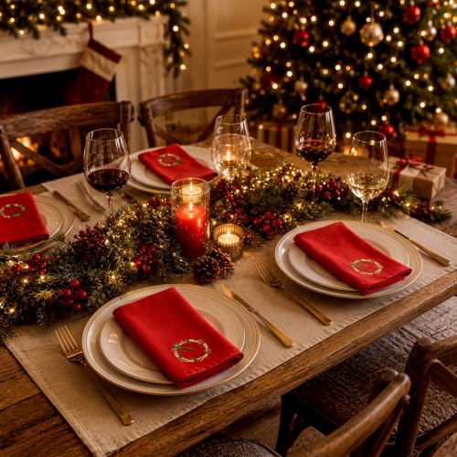 SmoothNovelty 6 Pcs Christmas Wreath Linen Napkins - Red Embroidered 18x18