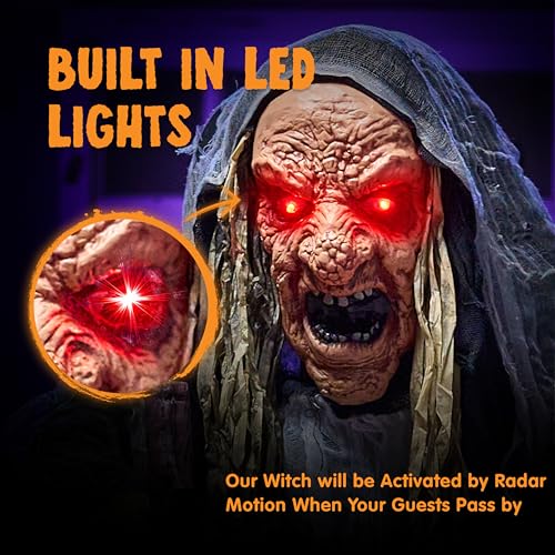 JOYIN Gray Hunchback Witch Halloween Animatronic Outdoor Decor with Light & Creepy Sound