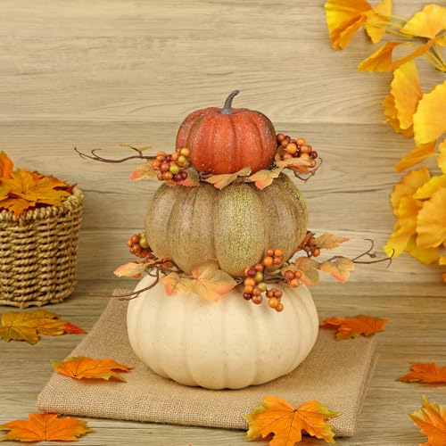 Artificial Pumpkin Fall Décor - Autumn Table Centerpiece with Faux Berries & Maple Leaves - Color #4