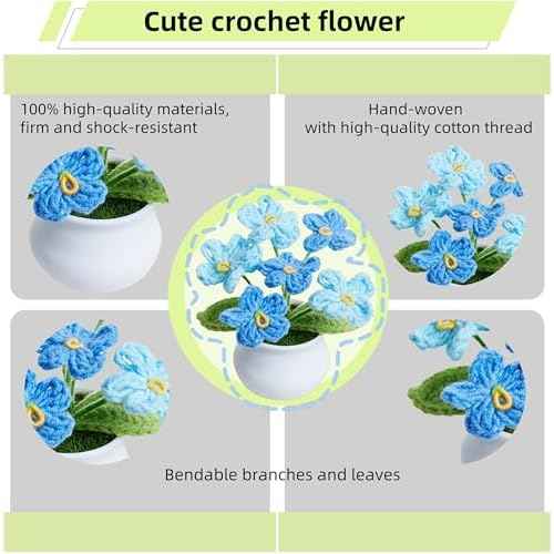 Crochet Flowers Cute Handmade Knitted Potted Gradient Blue Forget Me Not Flower Gifts for Women Coworkers Teacher Birthday Anniversary Christmas Decor for Home Room Office Desk Accessories