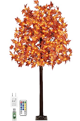 7FT LED Maple Tree with 170 Lights & Autumn Leaves - Thanksgiving Decor (7ft-170led-1pack)