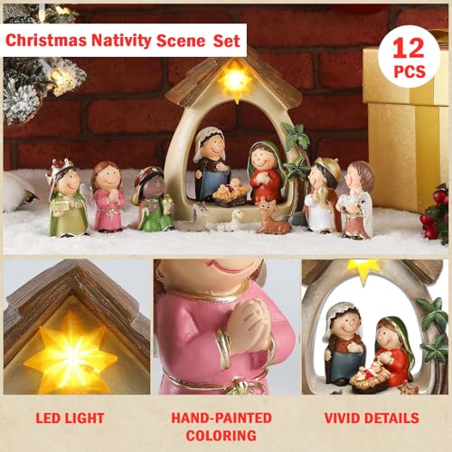 MACLARONX 12-Piece Small Christmas Nativity Scene with LED Lights - Resin Tabletop Decor