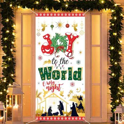 HOWAF Christmas Joy to The World Door Banner for Religious Christmas Party Decoration, O Holy Night Nativity Scene Door Cover for Christian Xmas Decor, Jesus is the Reason for the Season Welcome Sign