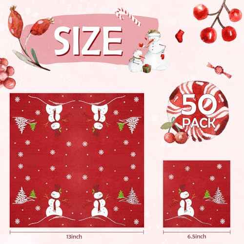 Quera 50 Pack Christmas Paper Napkins Snowman Red Silver Foil Disposable Beverage Napkins Decorative Table Napkin for New Year Winter Dinner Merry Christmas Holiday Xmas Party Supplies, 6.5 "x 6.5"