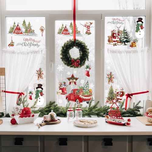 6 Sheets Christmas Window Clings Merry Christmas Santa Reindeer Snowman Window Stickers Decals for Glass Xmas Holiday Home Office Decor