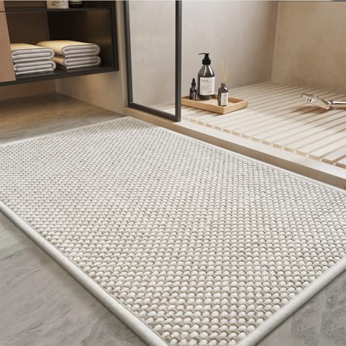 PADOOR Absorbent Chenille Bath Mat Non-Slip Rubber Backed 17x28 Inches Beige