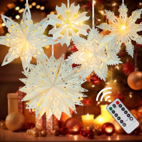 OuMuaMua White 5-Pack Paper Snowflake Lanterns with Lights (5 Designs) Remote-Controlled