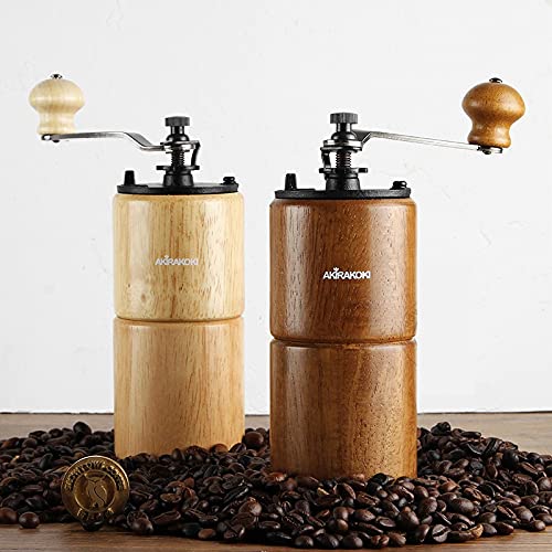 AKIRAKOKI Manual Coffee Bean Grinder Wooden Mill with Cast Iron Burr, Large Capacity Hand Crank, Portable Travel Camping Adjustable (light)