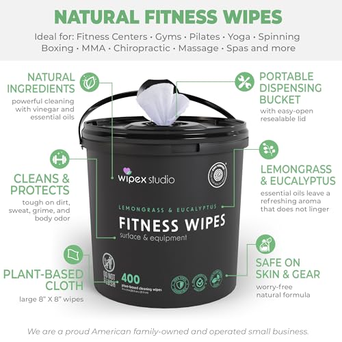 Wipex Lemongrass Plant-Based Gym Wipes 400 Count Reusable Bucket – Natural Surface & Equipment Cleaner