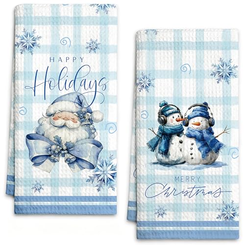 Geuro Winter Friends Snowman Kitchen Towels Set of 2 Blue Checkered 16x24 Inch Holiday Decor