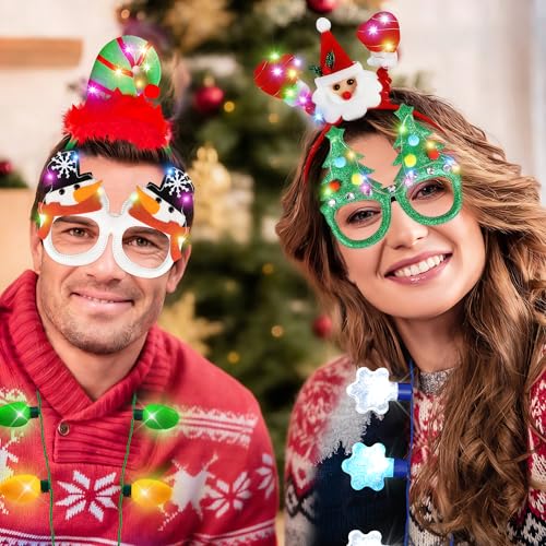 11PCS Christmas Light Up Party Favors Headbands Necklaces Glasses Set