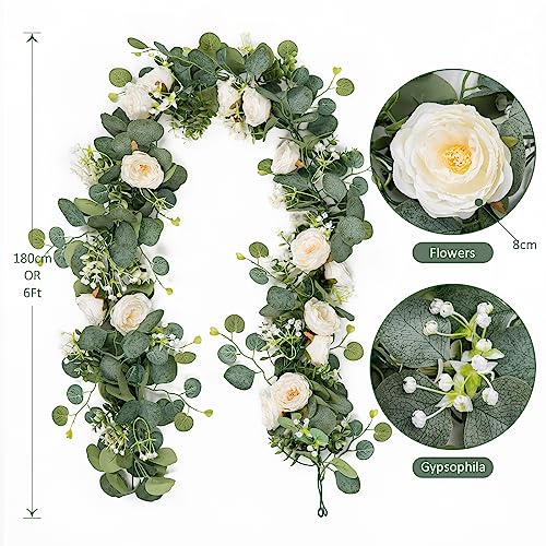 Artificial Eucalyptus Garland with White Roses - 4 Pack, 1.8m Length